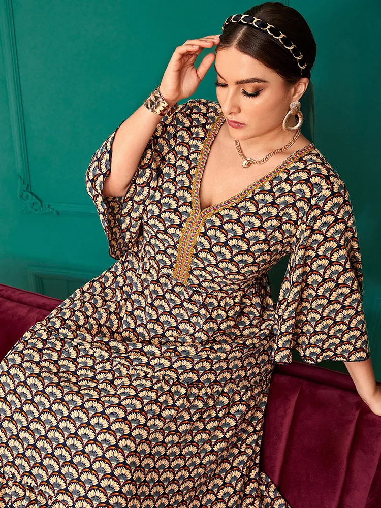 2022 Women Plus Size Maxi Dress Elegant Parti Female Evening Casual Muslim Clothing Middle Sleeve Floral Print