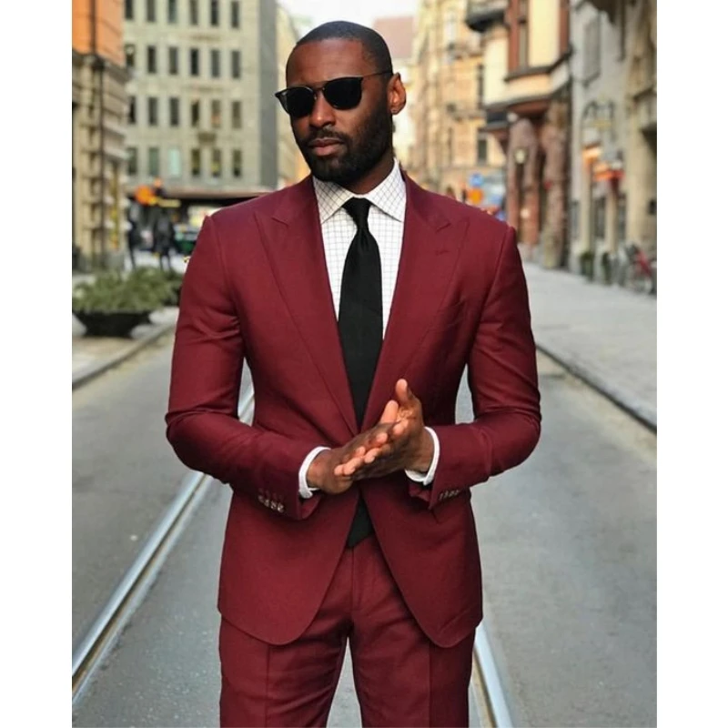 

Burgundy Casual Men's Suit 2 Pieces Summer Peaked Lapel Jacket Pants Formal Wedding Tuxedo Groom Bespoke Blazer Trousers Set