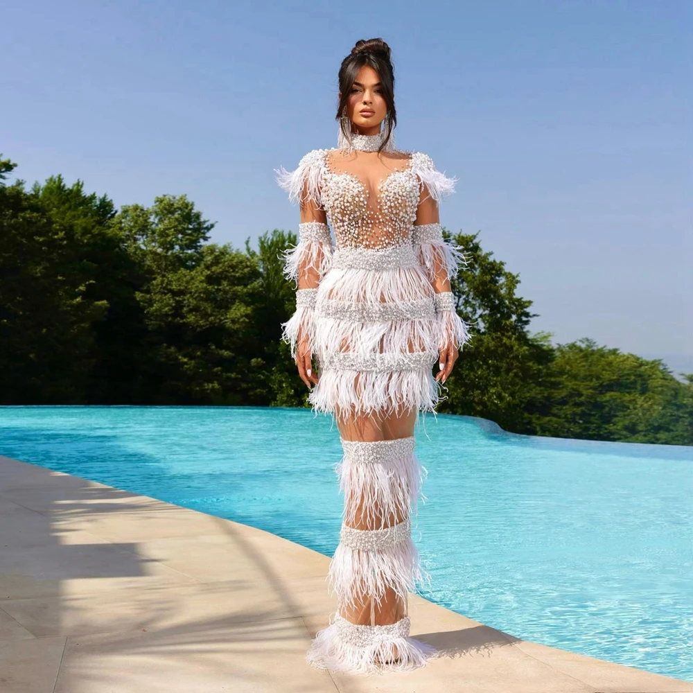 

Luxury Feathers Pearls Evening Dresses Sexy See Thru Beading Straight Formal Party Gowns Floor Length Pageant Prom Gowns