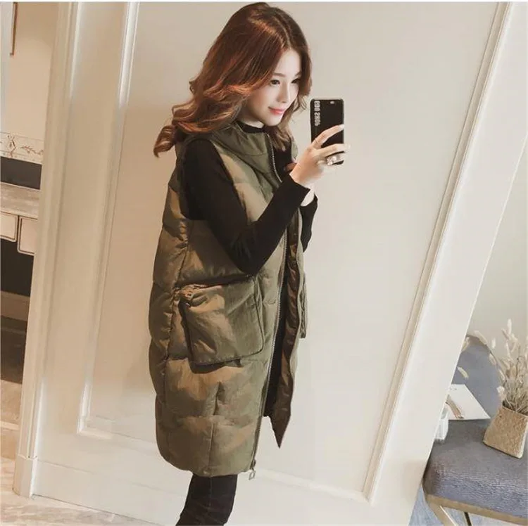 Winter Women Vest Waistcoat Long Cotton Jacket Loose Oversize Warm Bread Jacket Sleeveless Hooded Woman Jacket with Pocket long duvet coat