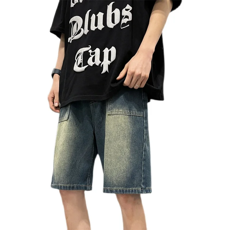 Men's Short Jeans Pants Cargo Baggy Drawstring Male Denim Shorts with Pockets Wide Loose Original Cowboy Buttons Jorts Sale A160