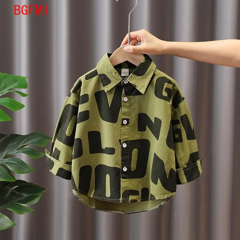 2-10Y spring autumn kids boys girl loose cotton shirts 2 colors letter print long sleeve kids turn-down collar button-down tops