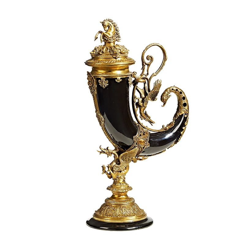 

French Baroque Antique Gilded Brass Sevres Style Porcelain Horn of Plenty Garniture Cornucopia Centerpiece Vase for Home Decor