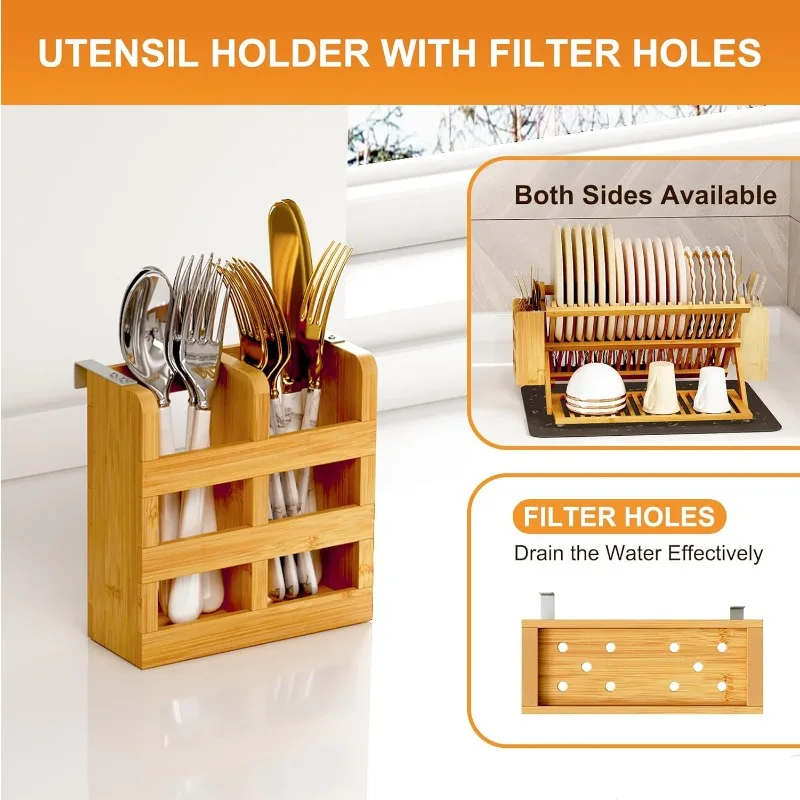 Bamboo Dish Drying Rack with Utensil Holder, 3 Tier Collapsible Dish Rack, Wooden Dish Racks for Kitchen Counter 3