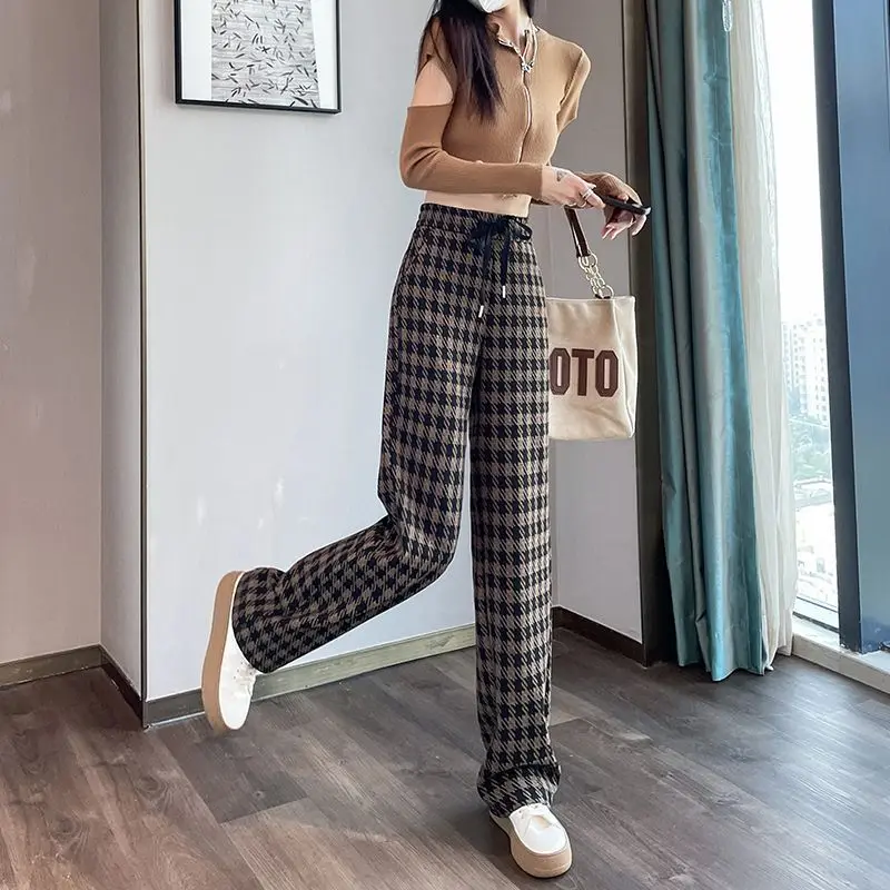 

Wide leg pants Women autumn and winter 2023 high waist drape loose brown plaid casual pants drag the floor straight pants female