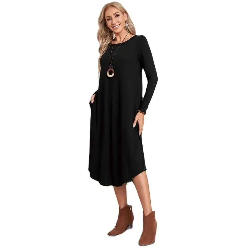 

Spring Autumn Women Comfortable Casual Commuter Dresses Side Pockets O Neck Pullover Dress Simple Style Solid Color Female Gown