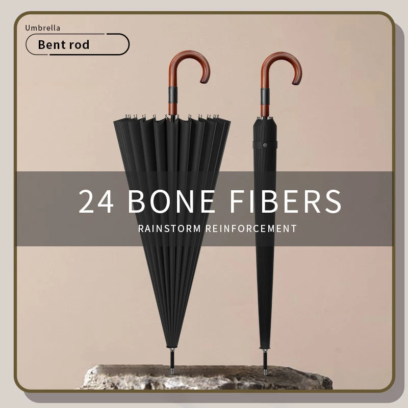 남성용 곡선 나무 손잡이 비즈니스 우산, 24 리브, 폭풍우 방지 대형 터프 우산, 우아한 여성 우산 선물