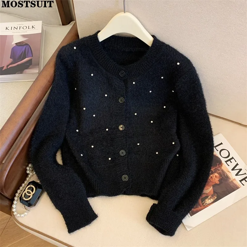 

Женский кардиган со стразами, элегантный вязаный свитер с длинным рукавом, Осень-зима 2024