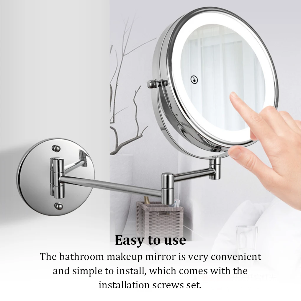 Folding Arm Extend Bathroom Mirror With LED Light 8 Inch Wall Mounted