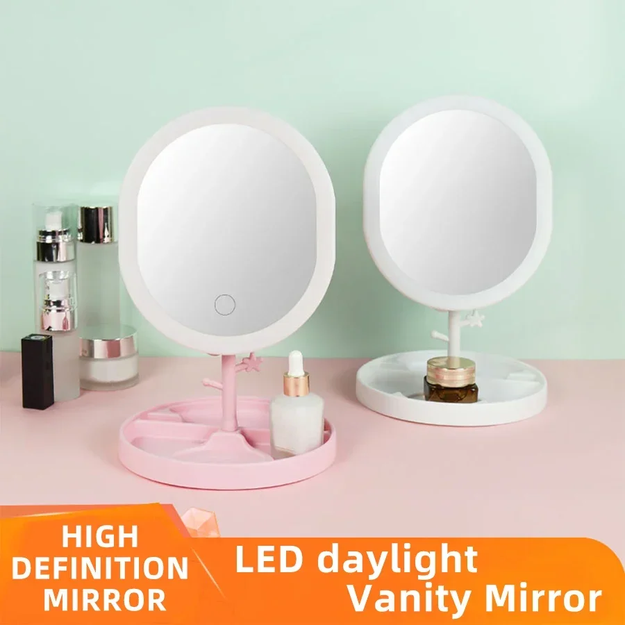 Makeup Mirror With LED Light Desktop Fill Light Desktop Folding Metal Beauty Dressing Mirror Home Dormitory Rechargeable