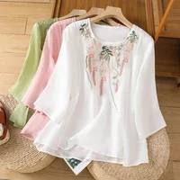 Retro round Neck Cotton Linen Embroidered Shirt Women Summer New Loose Elegant Atmosphere Five Sleeve Top Elegant Atmosphere