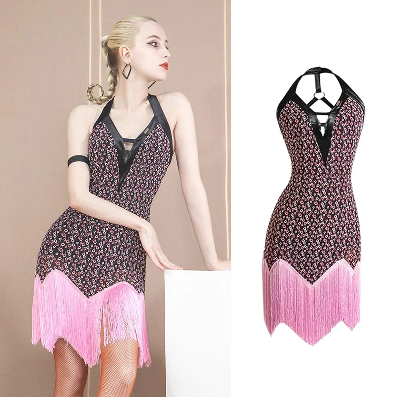 

New Latin Dance Dress Halter Fringed Dress Rumba Practice Clothes Sexy Backless Competition Costume ChaCha Dancewear VDB4053