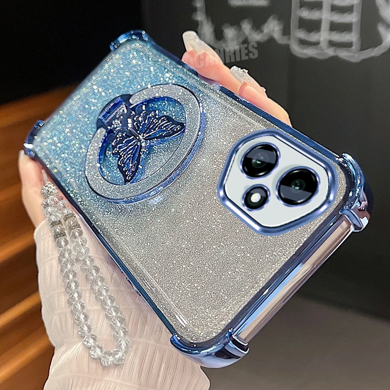Elegant Butterfly Chain Lanyard Case - Plating Shockproof Silicone with Stand Holder