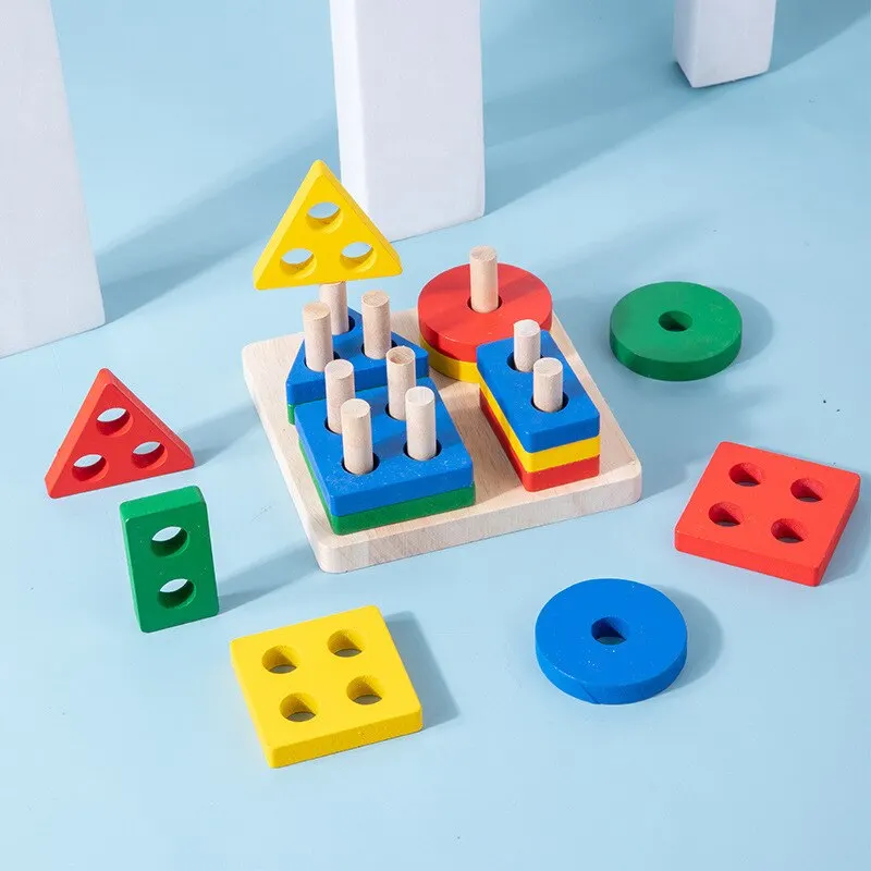 Children Four Post Geometric Modeling Building Blocks Montessori Toys Jigsaw Puzzle Teaching Aids Kids Wooden Toys 2