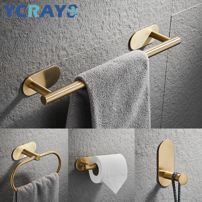 No Drilling Gold Bathroom Hardware Set Toilet Tissue Roll Paper Holder Towel Rack Bar Rail Ring Robe Hook