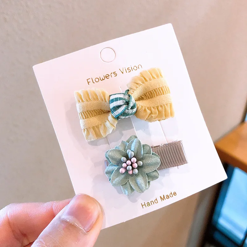 New 2pcs Gilrs Cute Bow Flower Hair Clips Lace Plaid Kint Hairpins for Baby Girls Korean Style Kid Hair Accessories