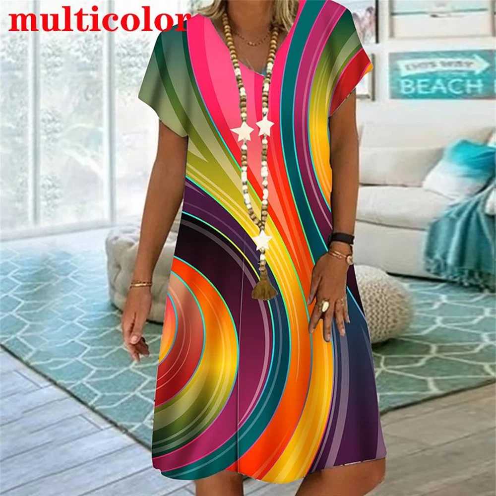 New-Rainbow-Striped-3D-Print-Women-Dress-Elegant-Sweet-Casual-V-Neck ...