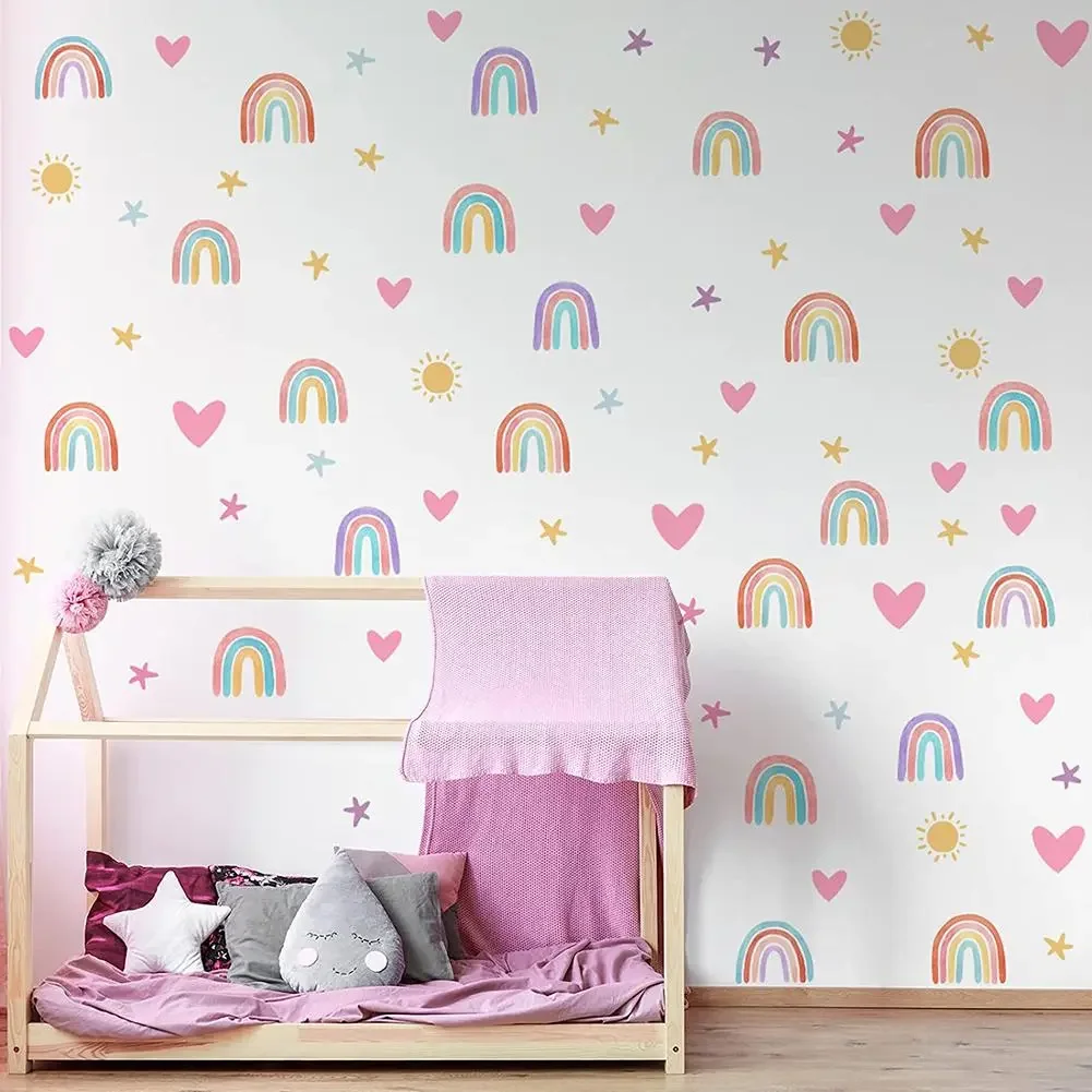 Boho Rainbow Wall Stickers Small Rainbow Wall Decal Acquerello Rainbow Heart Sun Star Wall Stickers Per Ragazze Ragazzi Baby Room
