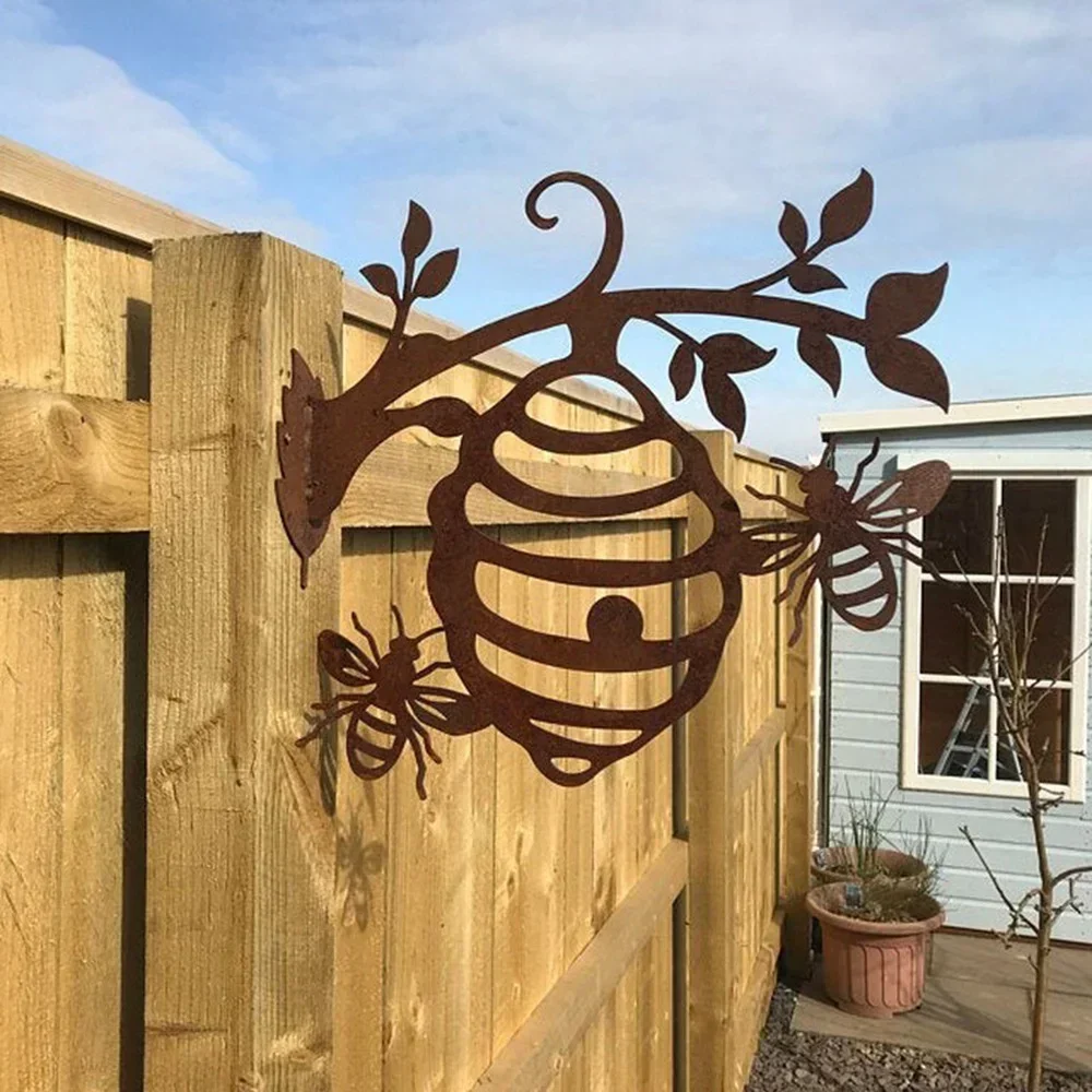 Home Garden Decor Metal Honeycomb Bee Silhouette Stake