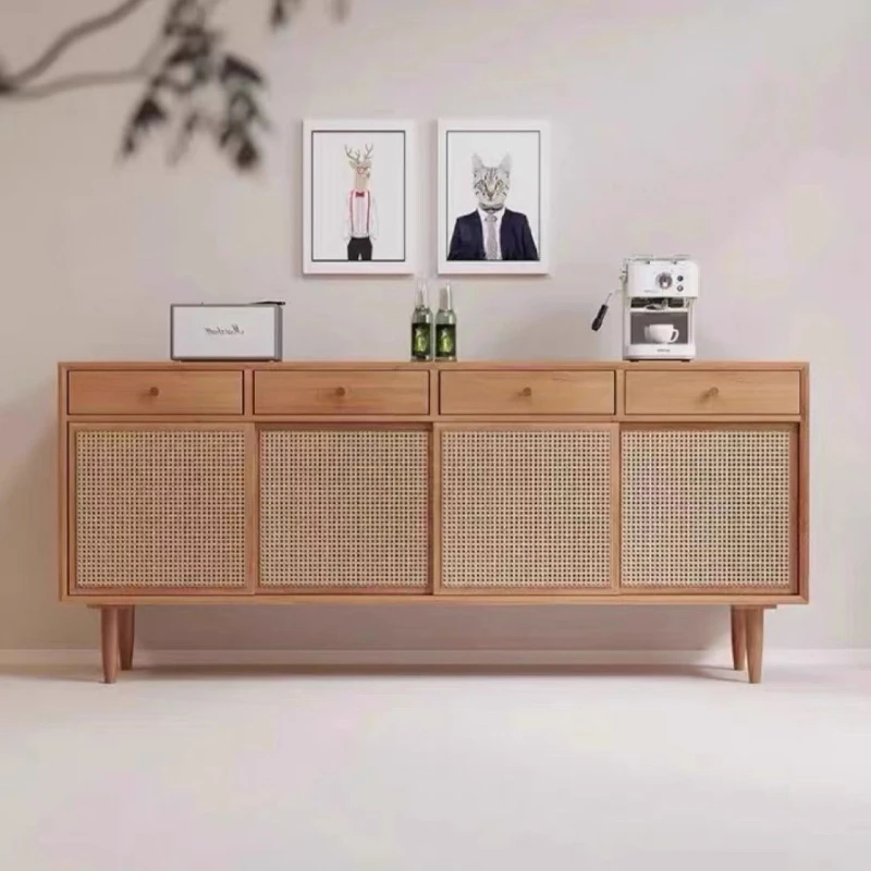 Japanese Solid Wood Sideboards PE Rattan Modern Simple Raise Kitchen Cabinets et Drawers Dining Room Furniture Comedor FYSB