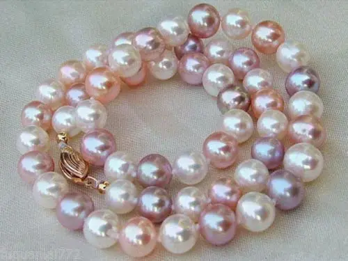 

AAA 8-9 MM white purple pink SOUTH SEA Multicolor PEARL NECKLACE 18" 925silver