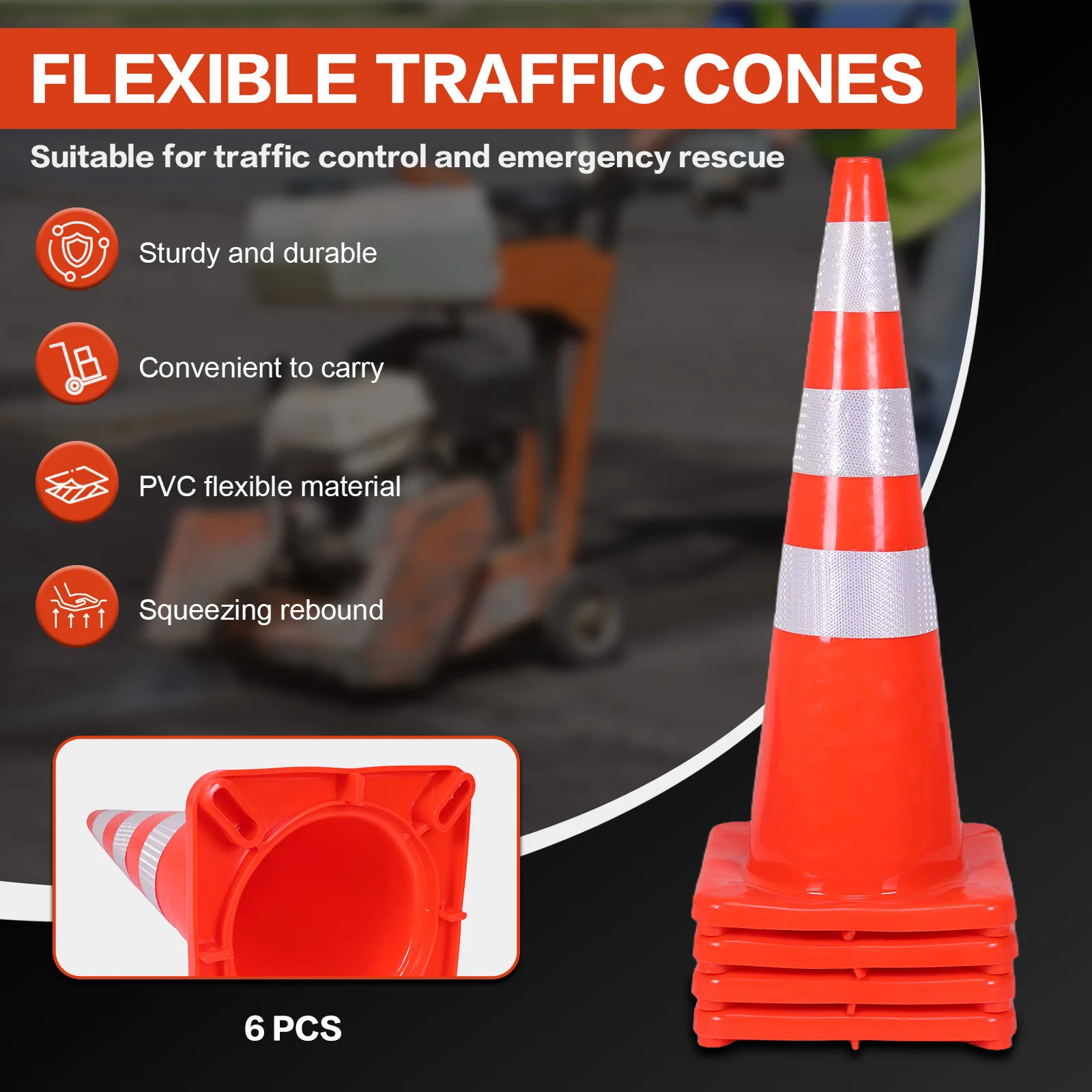 6Pcs 35 Inch Traffic Safety Cones with Reflective Warning Plastic PVC Orange Parking Cones for Traffic Control Parking Lots