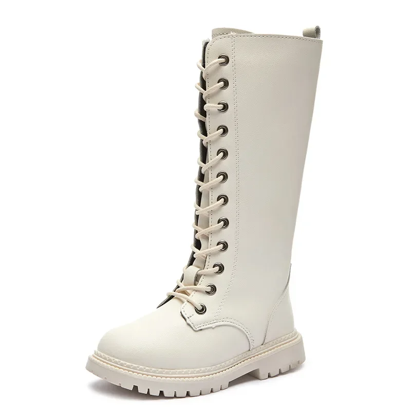 

Sweet Princess Casual Non-slip High Boots Solid Beige Versatile Fashion Kids Girls Autumn and Winter 2023 Mid-calf Boots Simple