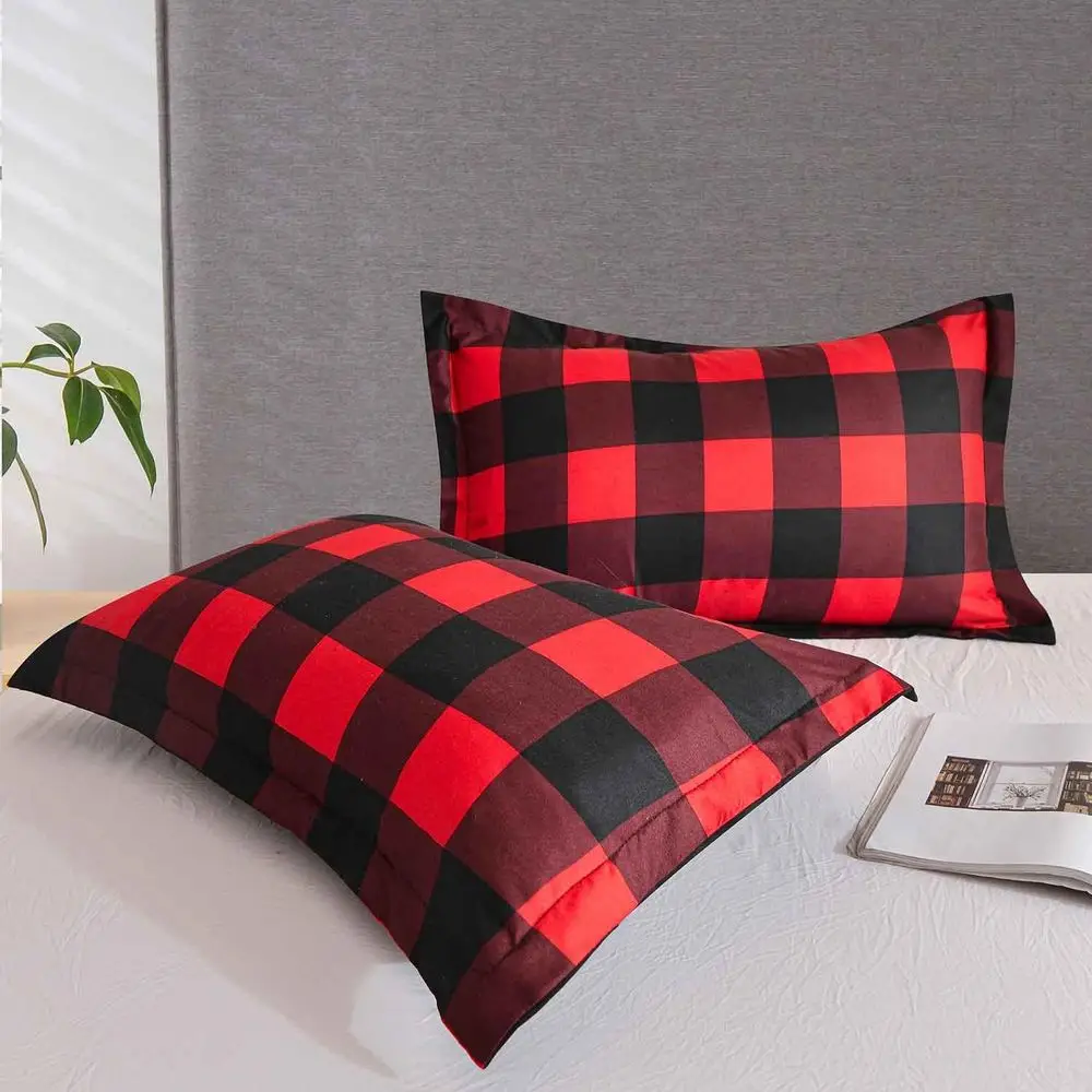 Reversible Microfiber Duvet Cover Set - Red & Black Buffalo Check Plaid, 3-Piece Modern Bedding for Christmas & New Year, 90x90 description