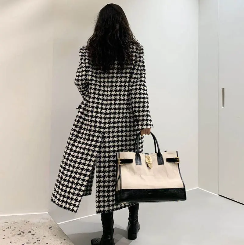 

2023 Autumn Winter Women Thick Blends Splice Plaid Coat Elegant Plush Polyester Lapel Long Jacket Ladies Lapel Button Coat