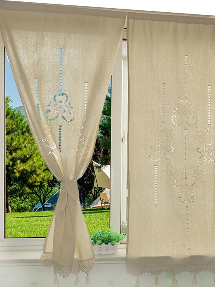 2-teiliger europäischer pastoraler Pull-up-Vorhang aus Baumwolle, exquisite Stickerei, Verdunkelungsvorhänge aus römischer Vorhänge für Wohnzimmer und Schlafzimmer – Detail 4