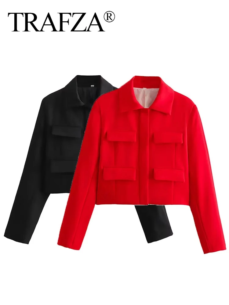 HH Autumn Jacket For Women Slim Cropped Coat Elegant Solid Long Sleeve Jacket Front Flap Pocket Outerwear Fashion Streetwear