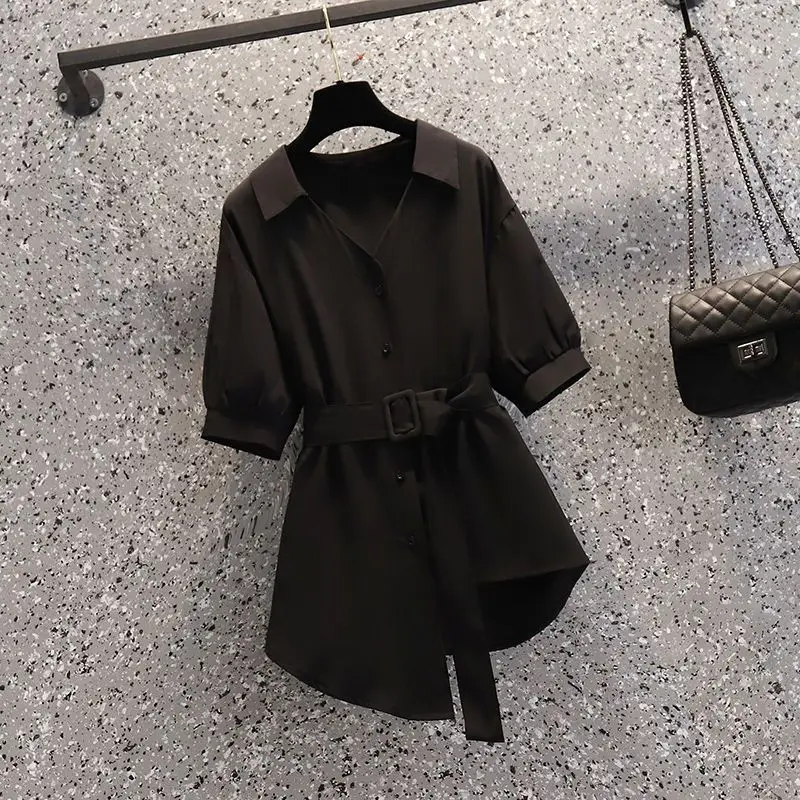 Belt Decorative Temperament Chiffon Shirt Casual Wide Leg Pants Two-piece Elegant Women Pants Suit Manager Office Outfits