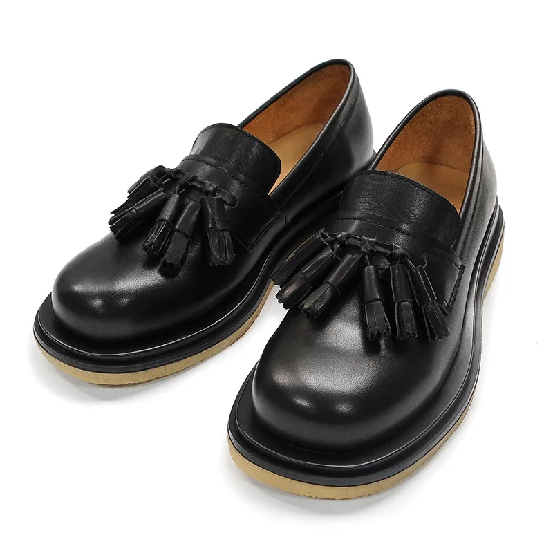 

Spring/Summer Retro British Tassel Round Toe Large Toe Thick-soled Leather Shoes Raw Rubber Sole Genuine Leather Casual Shoes