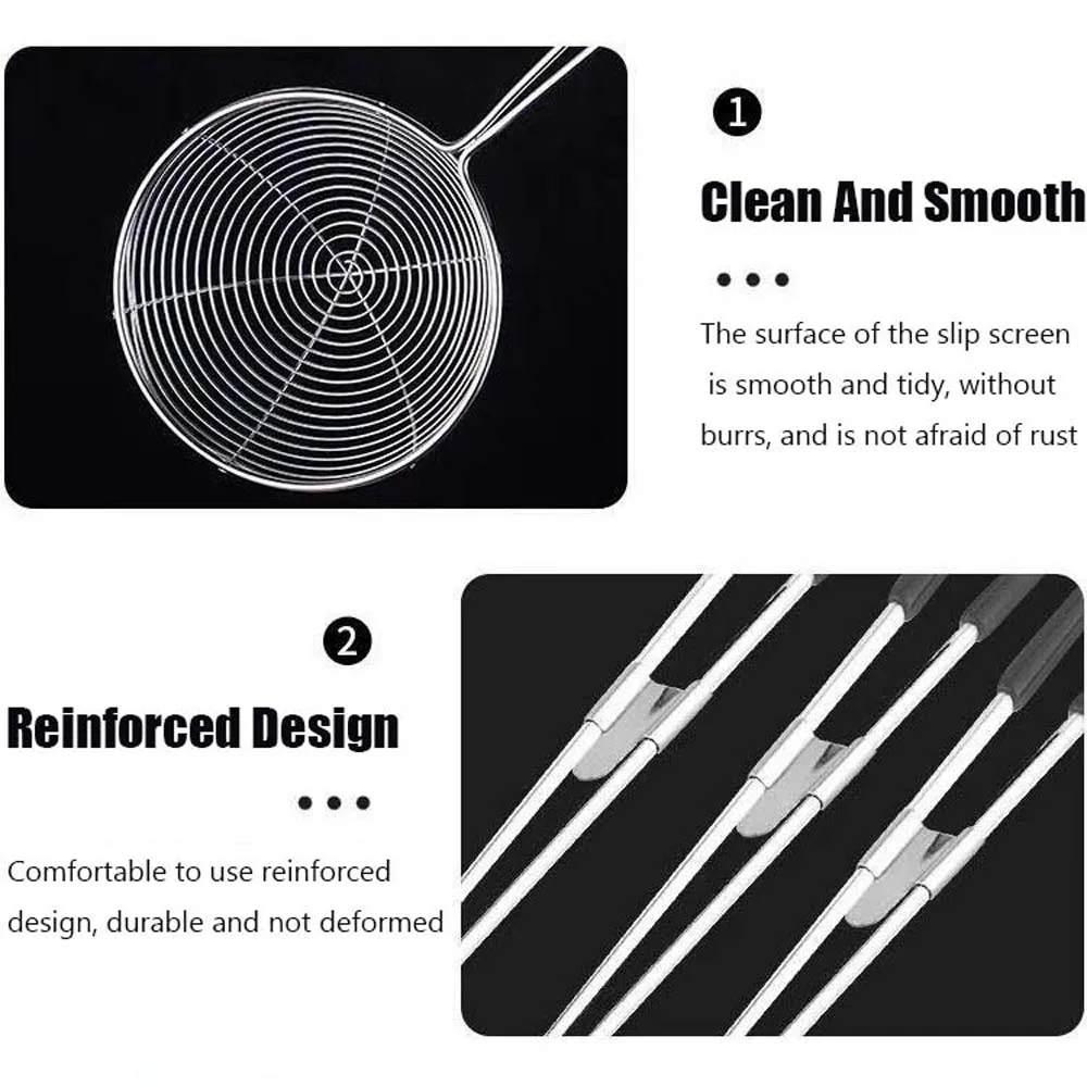 Description Picture 5 of item3 Sizes Stainless Steel Spider Strainer Skimmer Spoon Long Handle Wire Skimmer ladle for Kitchen Frying and Cooking, Pasta, Chip
