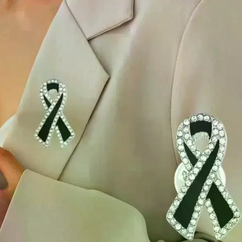 1/3/5Pcs Black Rhinestones Ribbon Brooch Funerals Memorial Pin For Woman Men Suit Dress Shirt Accessories Mourning Badge