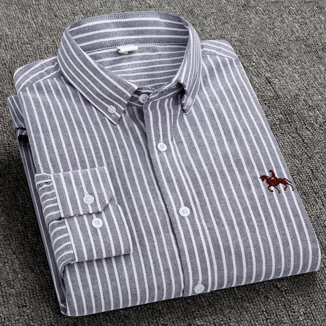 100% Cotton Oxford Shirt Men's Long Sleeve Embroidered Horse Casual Without Pocket Solid Yellow Dress Shirt Men Plus Size 5XL6XL Gray Stripe