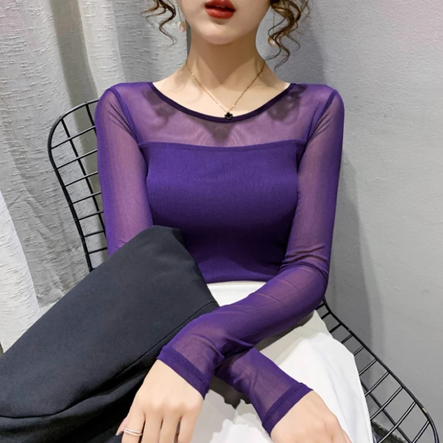 Autumn Winter Round Neck T shirt Women Sexy Mesh Bottoming Shirt Long Sleeve Solid Color Slim Fit Long Sleeve Casual Tops 1