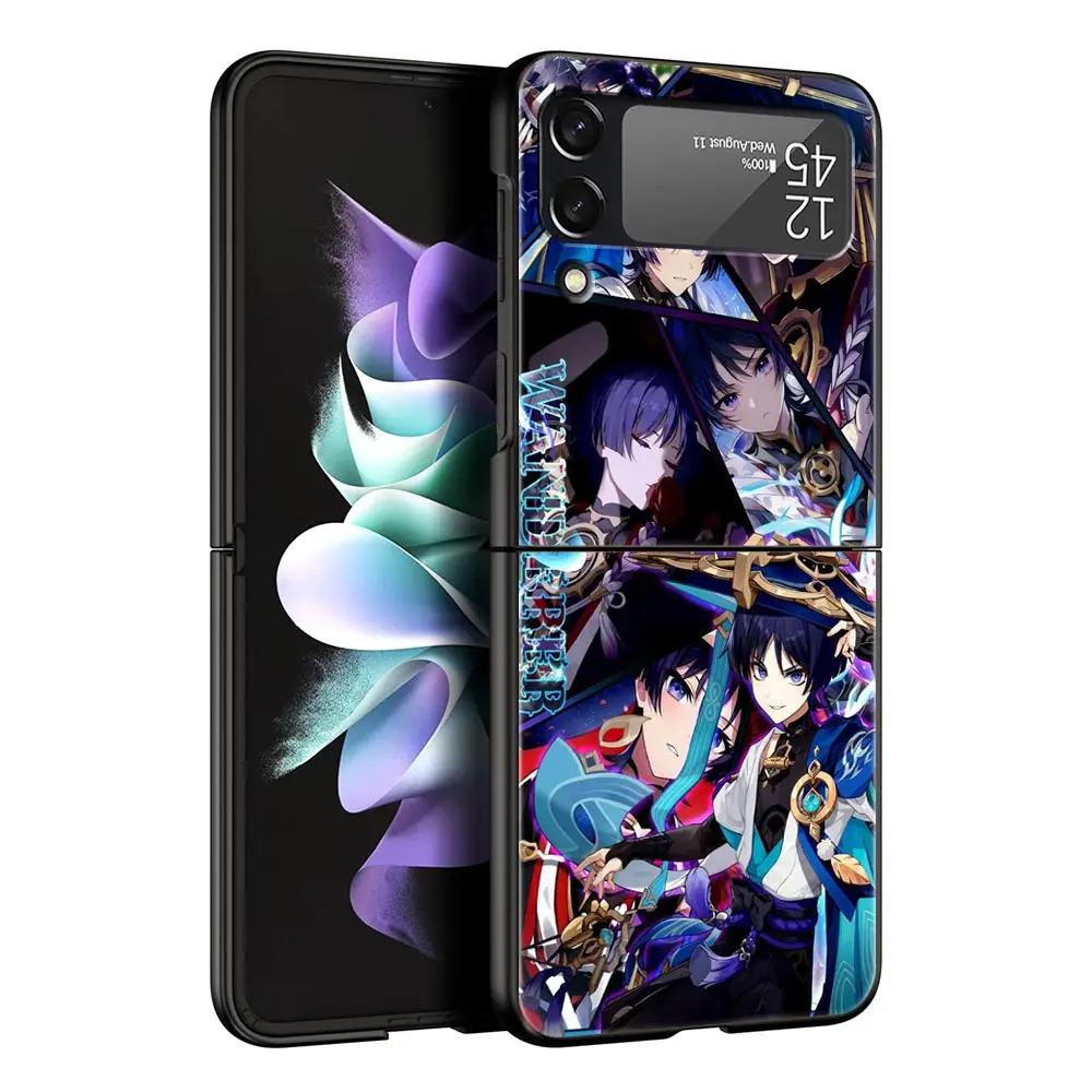 Stylish Black Folding Phone Case with Genshin Impact Ayato Wanderer Design