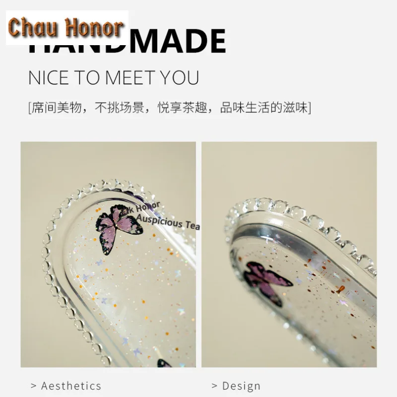 Glass Butterfly Tea Tray Zen Cake Rack Coffee Storage Board Cutlery Organizer Dishes for Serving Tea Services Accessories Craft