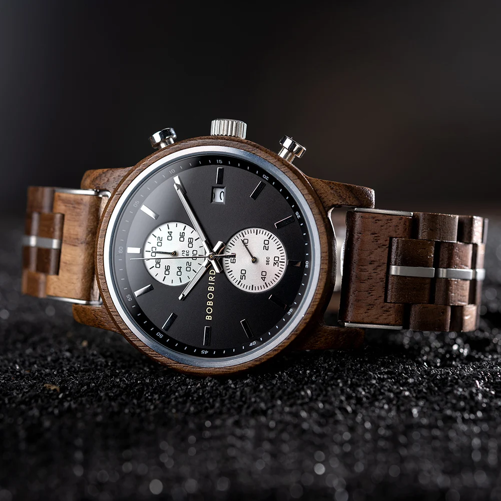 BOBO BIRD Wood Watches Men's Quartz Wristwatches Chronograph Date Display Timepiece For Men Great Gift With Wooden Box Dropship