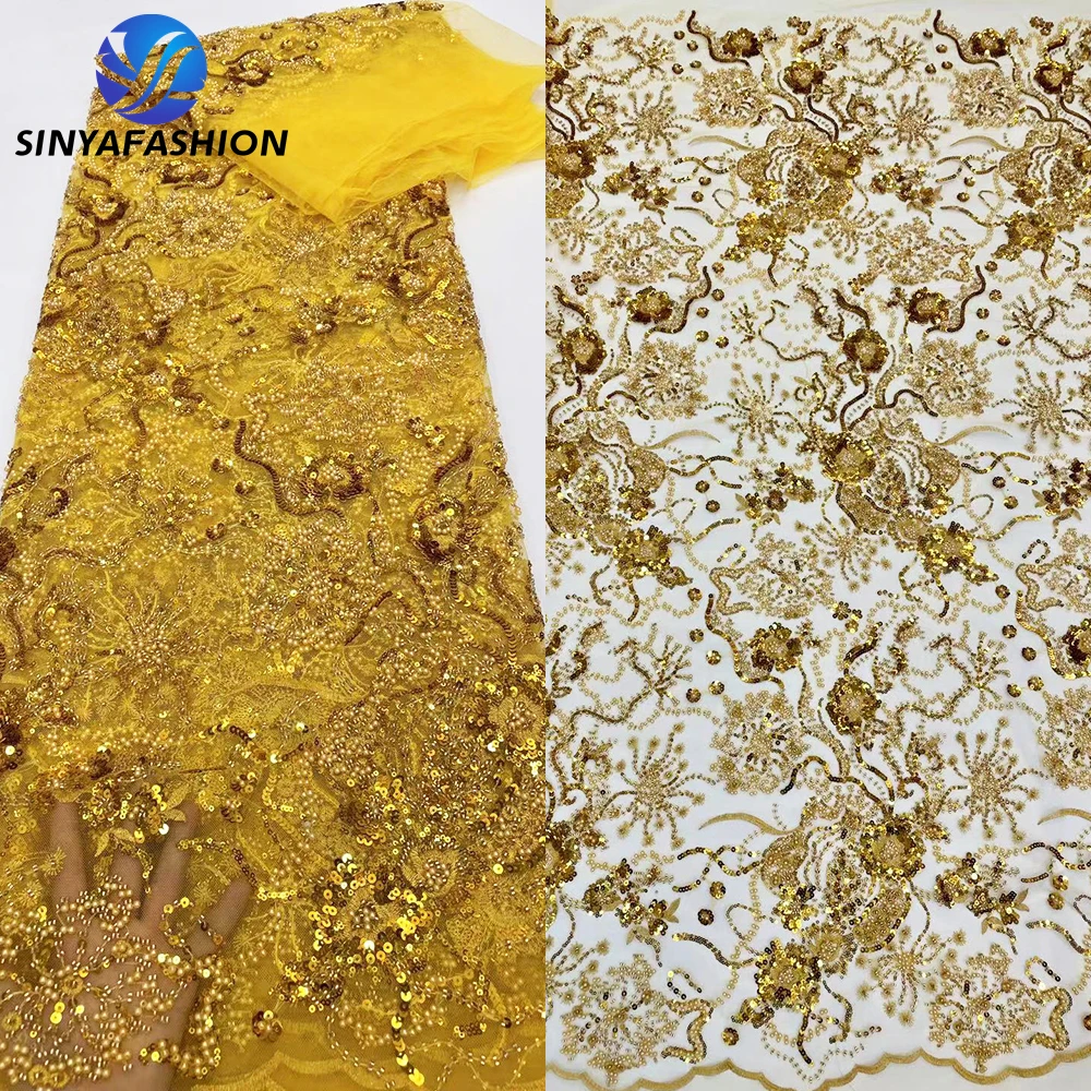 

Sinya African Sequins Pearls Gold Beaded Lace Mesh Fabric High Quality French Tulle Handmade Beads Nigerian For Bridal Dress Sew