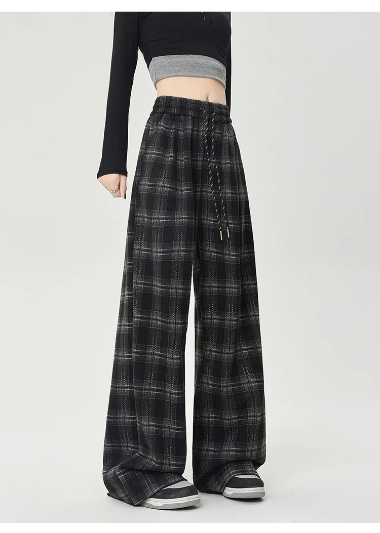 Winter Vintage Chic Kordelzug Lose Gerade Frauen Hosen Neue Plaid Kontrast Farbe Volle Länge Mode Weibliche Breite Bein Hosen – Detail 20