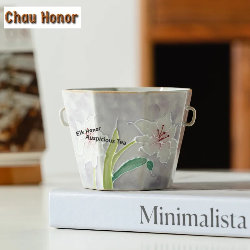 240ML Misty Purple Hand-painted Lily Teacup Elegant Tea Bowl Water Jug Tea-tasting Meditation Cup Jianzhan Master Cups Tableware