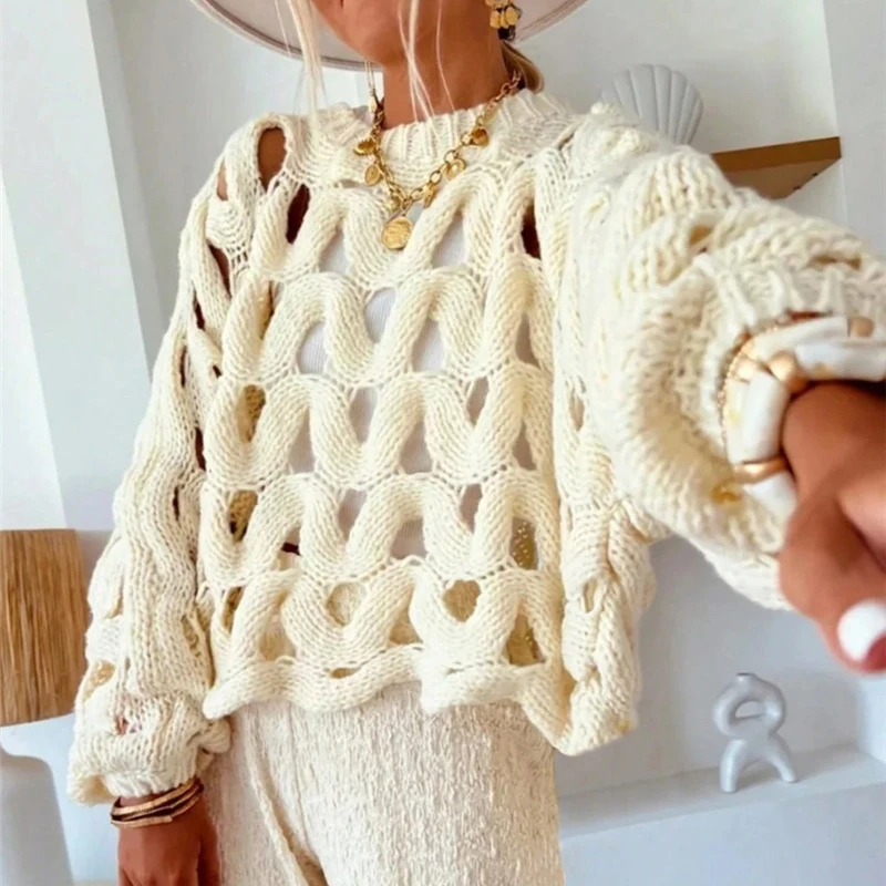 Sexy Hollow Out Long Sleeved Knitted Sweater Summer Beach O-neck Crochet Pullover Casual Solid Color Women's Loose Top Blouses 5