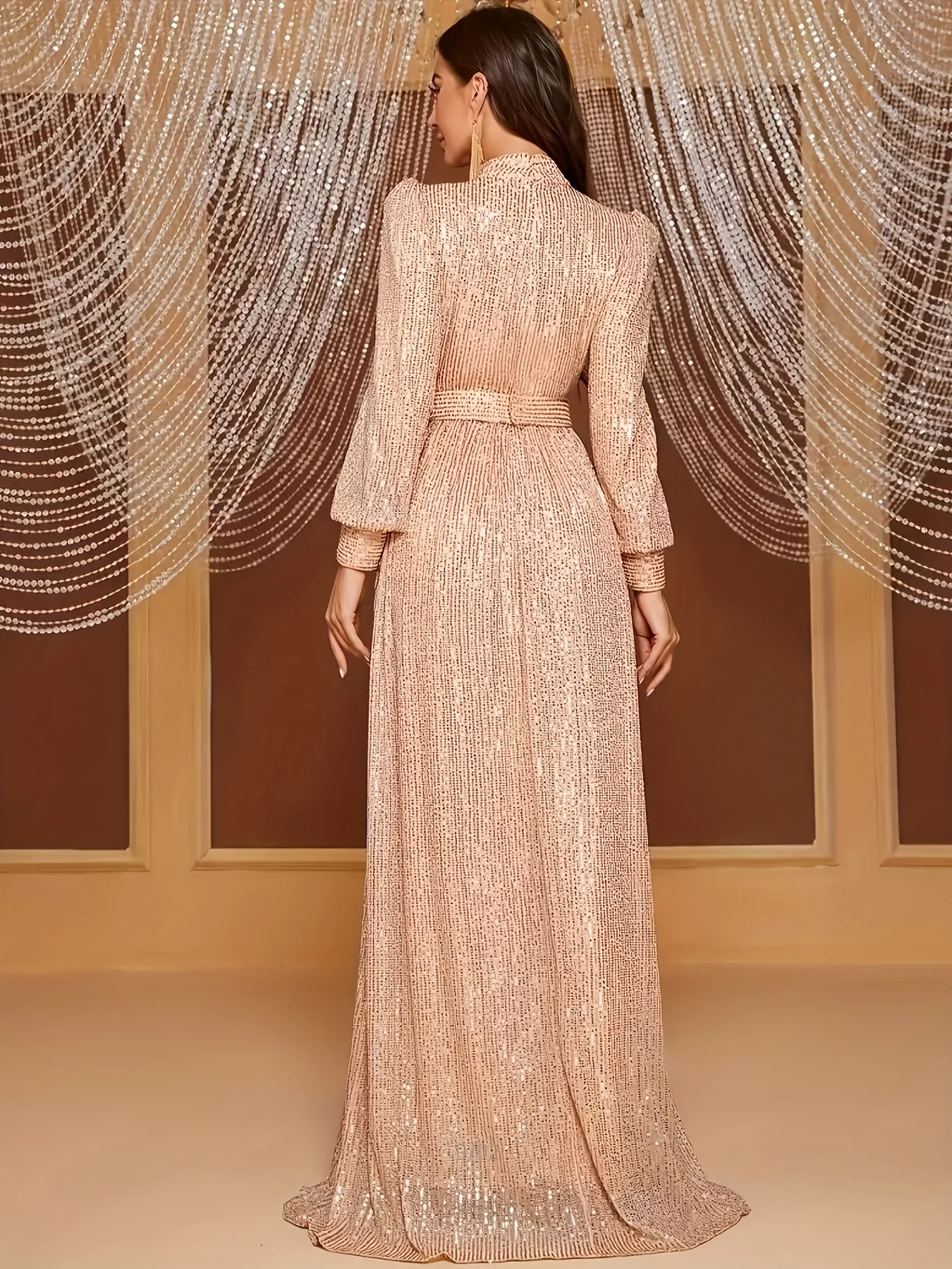 Elegante abito lungo retrò a maniche lunghe da donna: perfetto per eventi serali, matrimoni e feste - immagine 2