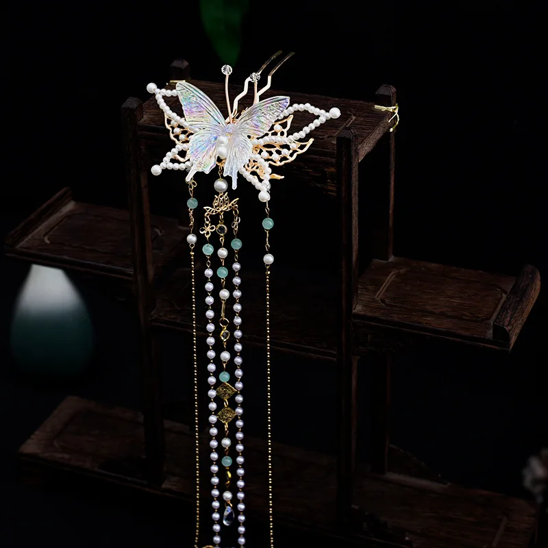 Handmade Simple Long Tassel Hairpin Rhinestone Headwear Women Bride Hair Ornaments Jewelry for Chinese Hanfu Cosplay Costume
