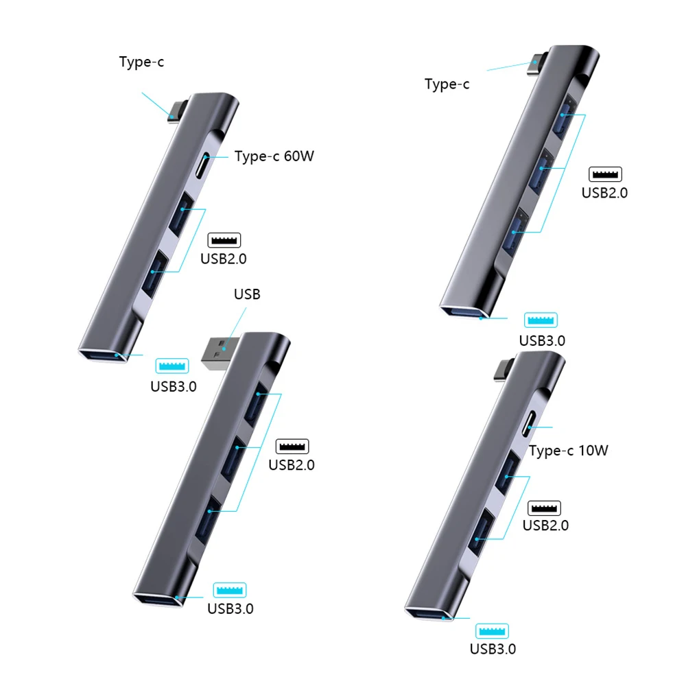 PD 고속 USB-C USB 허브, 휴대용 C타입 도킹 스테이션, 컴퓨터용 4 in 1 USB 허브, USB 3.0 사용, 5Gbps, 1-5PCs