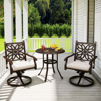 Set da bistrot da patio in 3 pezzi, con 2 sedie girevoli extra larghe con cuscini e tavolo da pranzo rotondo con foro per ombrellone 1