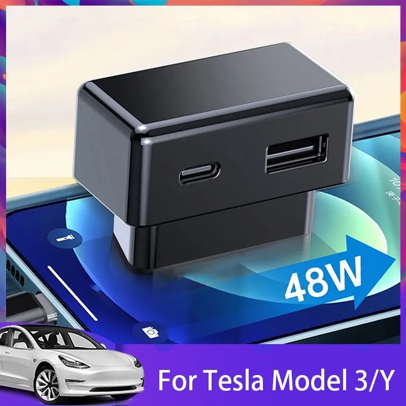 

Для Tesla Model 3 Model Y 2023 OBD Plug быстрое зарядное устройство USB и Type-C двойной порт 48 Вт комплект преобразования автомобильные аксессуары 2021-2023