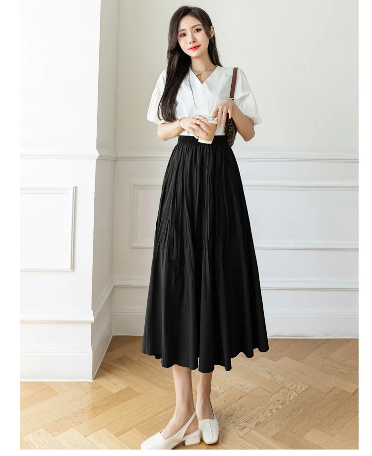 Women Casual Long Skirts New Arrival 2022 Spring Korean Style Plain Color All-match High Waist Ladies Elegant A-line Skirt W997 black leather skirt